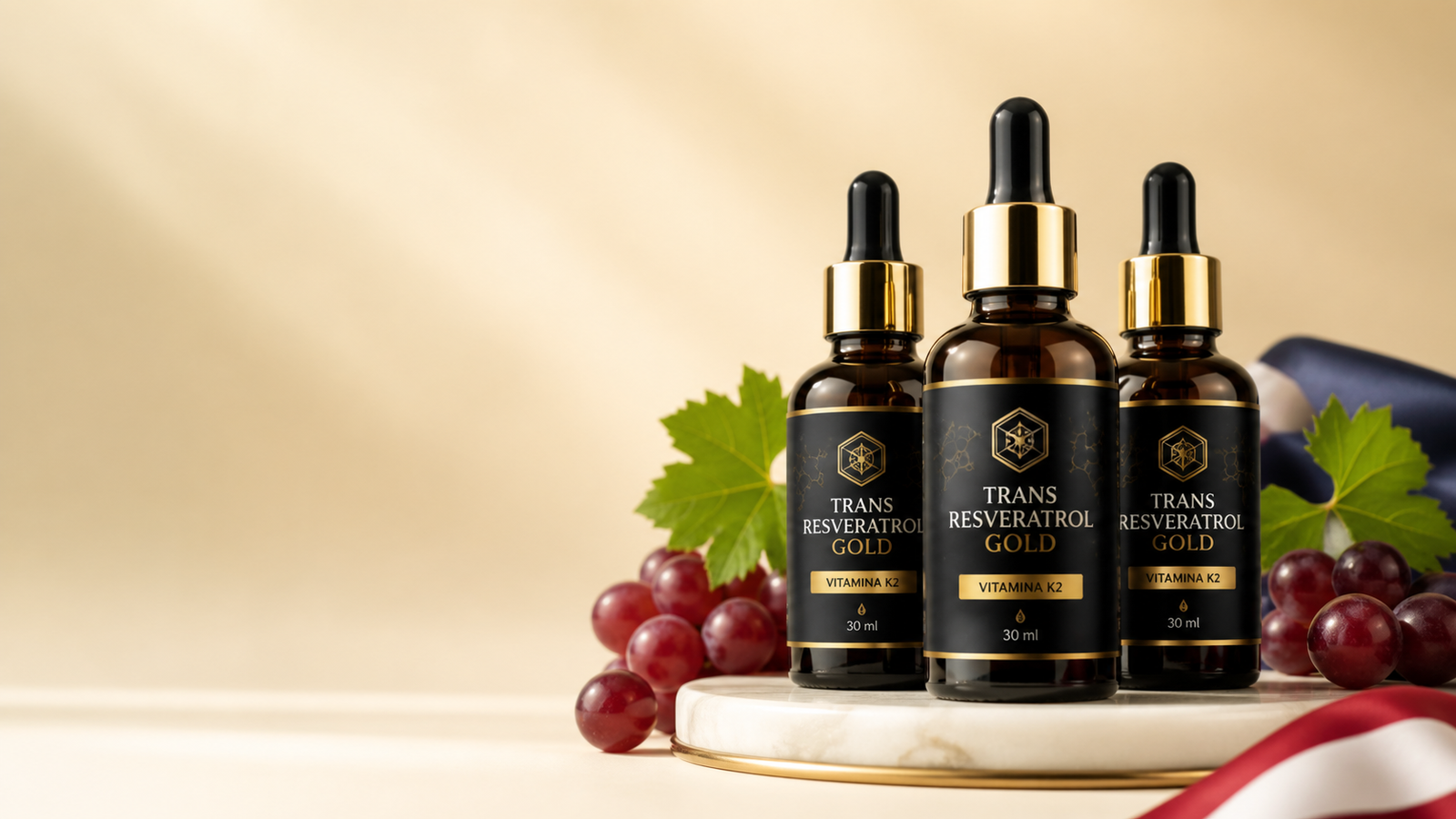 Três frascos conta-gotas de Trans Resveratrol Gold com Vitamina K2