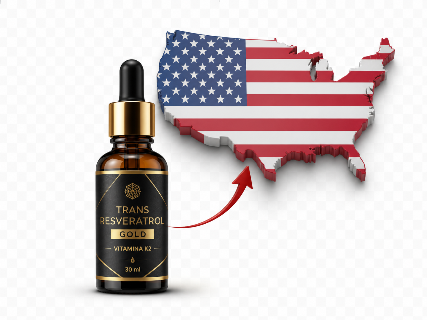 Trans Resveratrol Gold com Vitamina K2 e referência visual aos Estados Unidos